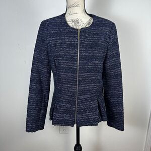 DKNY Women Blue Tweed Zip Up Blazer Jacket Size 8 Metallic Boucle Peplum NWT